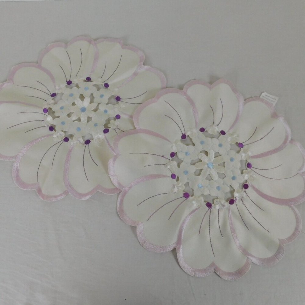 2 Round Embroidered Flower Petal Shape Purple Blue White Doily Table Topper 12.5